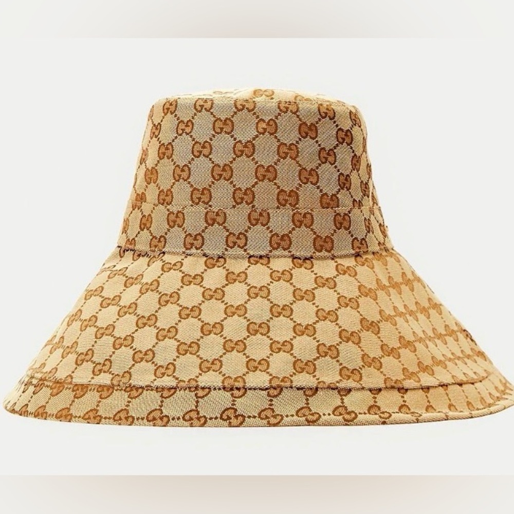 Gucci GG Monogram Bucket Hat Large Wide Brim Jacquard Beige Tan Canvas Sun Beach - Picture 13 of 16